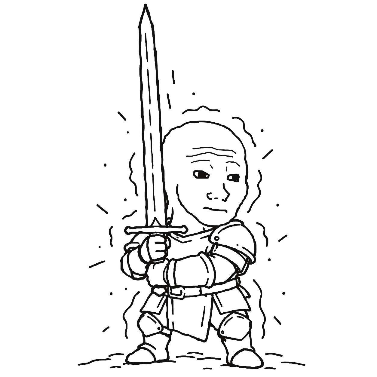A melancholy armored wojak holding an oversized sword